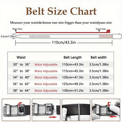 Men's Genuine Leather Belt Automatic Buckle Ratchet Dress Belt for Men – No Hole Slide Buckle, Black Brown, Fits Waist 30" to 44", Formal & Casual Wear