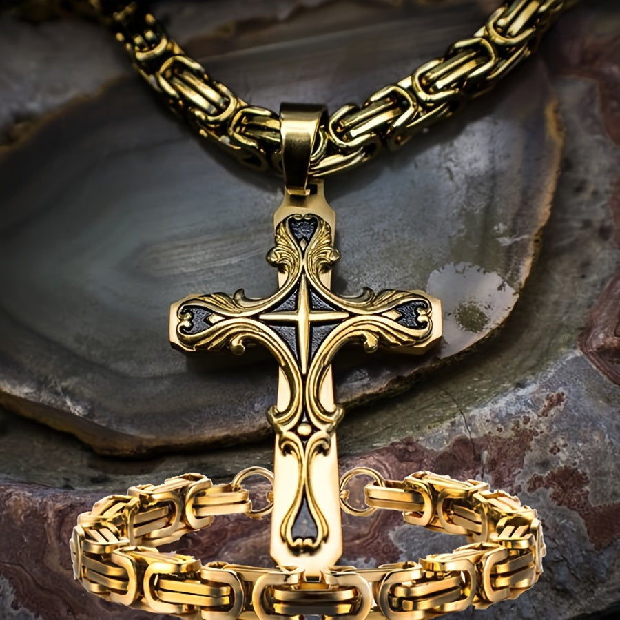 Men's Stainless Steel Cross Necklace Set 2pcs Cuban Chain with Cross Pendant Retro Hip Hop Fashion Jewelry for Men - Bold Statement Necklace Gift for Him Birthday Christmas