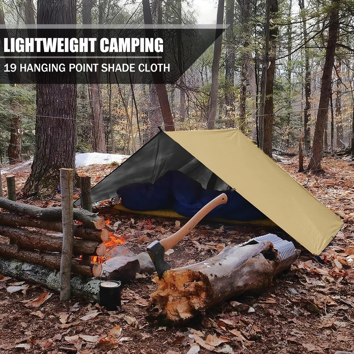 Waterproof Camping Tarp Shelter 19 Tethering Points Hammock Rain Fly Sunshade Lightweight Survival Tarpaulin for Hiking Backpacking Cycling DIY Outdoor Canopy Sun Protection Emergency Shelter