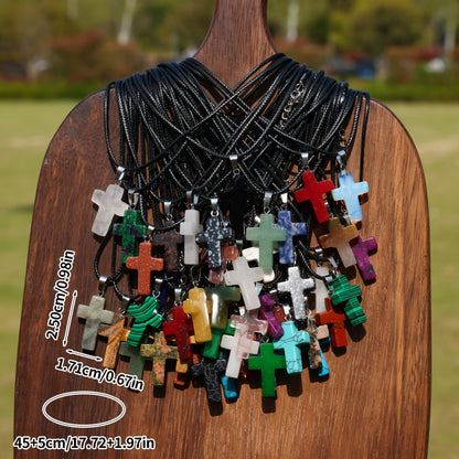 50pcs Natural Stone Cross Pendant and Necklace DIY Set – 25 Colorful Stone Cross Charms + 25 Black Chains for Jewelry Making Bracelets Earrings Craft Teen Gift