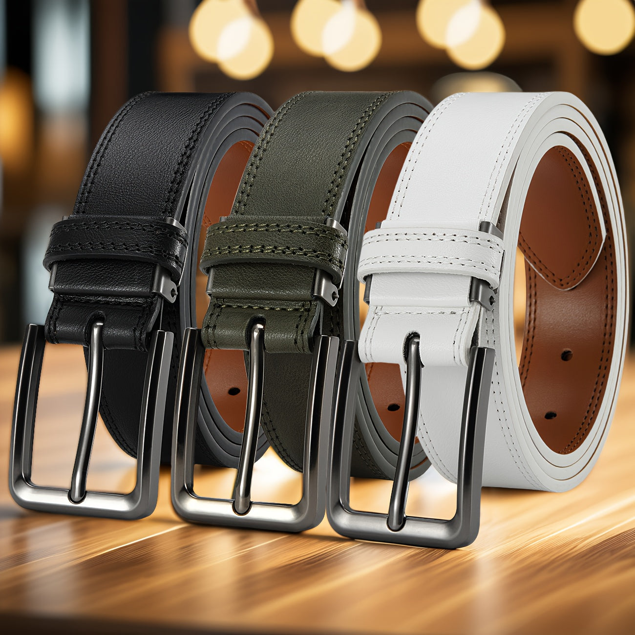 3pcs Men's Genuine Leather Belt Set with Pin Buckle – Classic Vintage Cowhide Adjustable Jean Belts for Men, Multiple Colors & Sizes