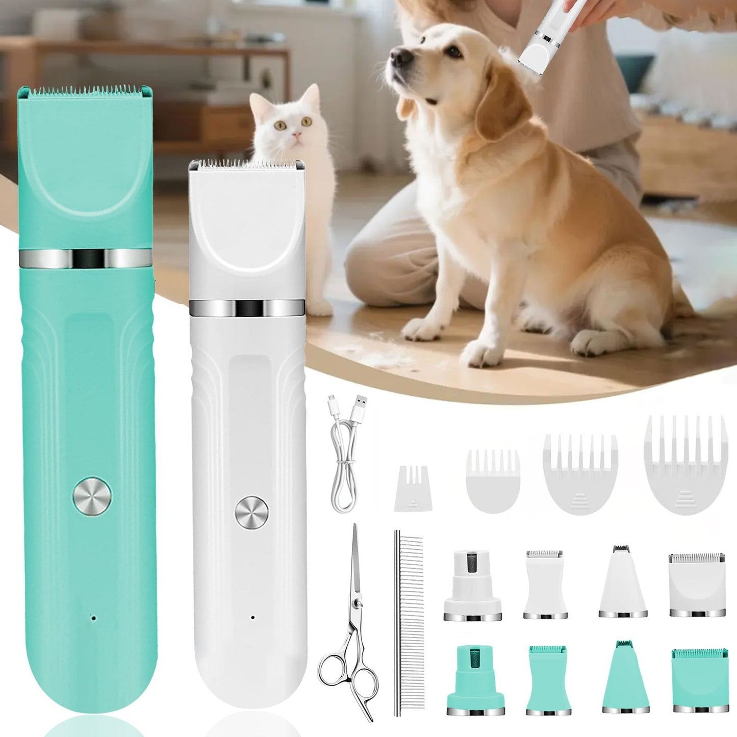 6-in-1 Rechargeable Pet Grooming Kit for Dogs & Cats – Cordless Hair Clipper, Steel Scissors, Comb & Shaver Set for Thick Coats, USB Charging