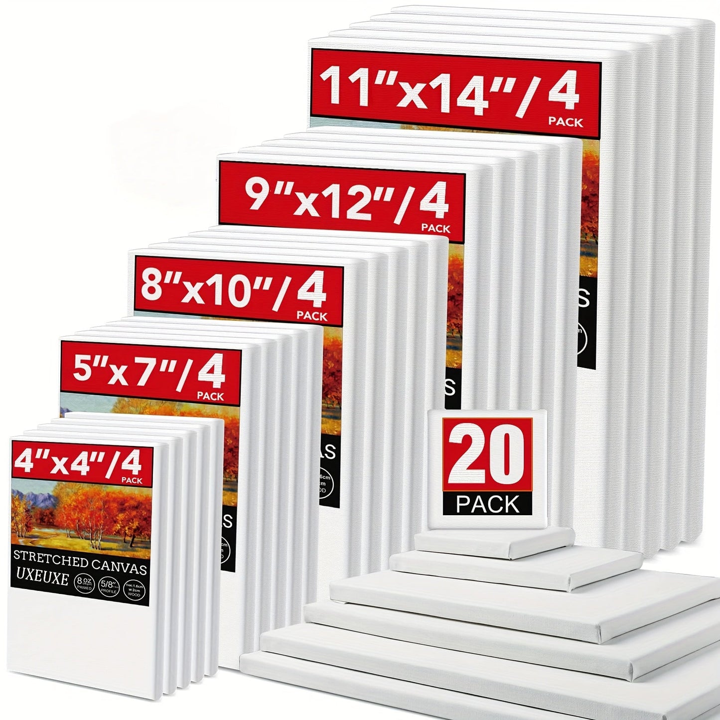 Stretched Canvas Multi-Pack Primed White 100% Cotton – Round Rectangular and Square Sets in 10 15 and 20 Pieces – Artist Canvas Boards for Acrylic Oil Painting Pouring and Mixed Media