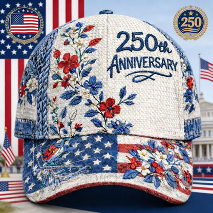 250th Anniversary Patriotic Baseball Cap – Digital Floral Print, Vintage Style Adjustable Dad Hat for Men & Women – Curved Brim Sun Hat for Independence Day & Everyday Wear