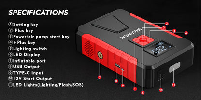 Portable Jump Starter 15000A-19000A Peak | 17-in-1 with 350PSI Air Compressor, 12V Car Battery Charger, LED Light, Digital Display – Emergency Kit for Cars, Trucks & SUVs