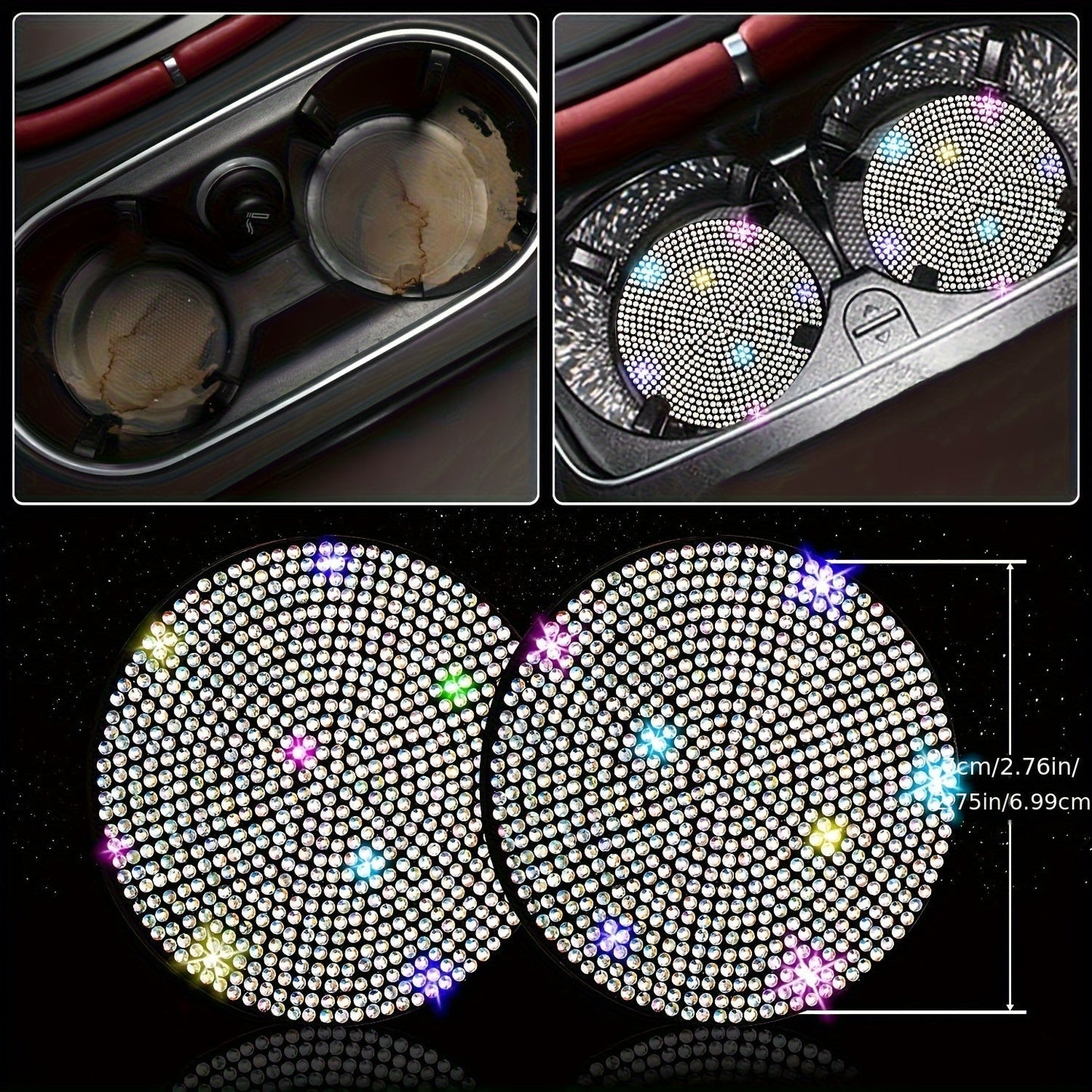 8pc Rhinestone Bling Car Accessories Set for Women – Steering Wheel Cover, Coasters, Seatbelt Pads, Starter Rings & Shift Knob Cover, 7 Colors, Sparkly Glitter Interior Kit