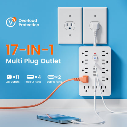Surge Protector Power Strip 11 AC Outlets | 4 USB-A & 2 USB-C Ports, Overload Protection, Short/5FT/10FT Extension Cord – Multi-Outlet Power Socket for Home, Office, Desk & School – White & Black
