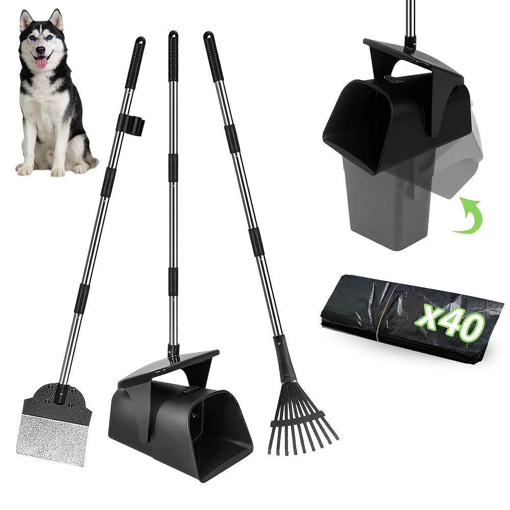 Dog Pooper Scooper Set Heavy Duty with Swivel Bin, Rake & Spade – Long Handle Pet Waste Removal Tool for Grass, Dirt & Gravel, Includes 40 Waste Bags, Great for Large Dogs
