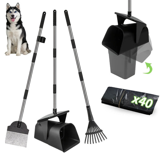 Dog Pooper Scooper Set Heavy Duty with Swivel Bin, Rake & Spade – Long Handle Pet Waste Removal Tool for Grass, Dirt & Gravel, Includes 40 Waste Bags, Great for Large Dogs