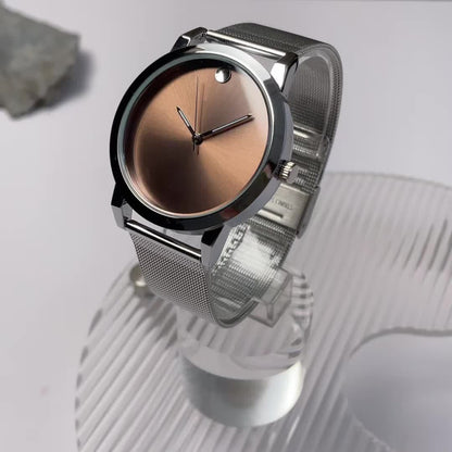 Men's Minimalist Stainless Steel Band Quartz Watch Slim Round Dial Casual Fashion Everyday Wear Gift for Him Silver Brown