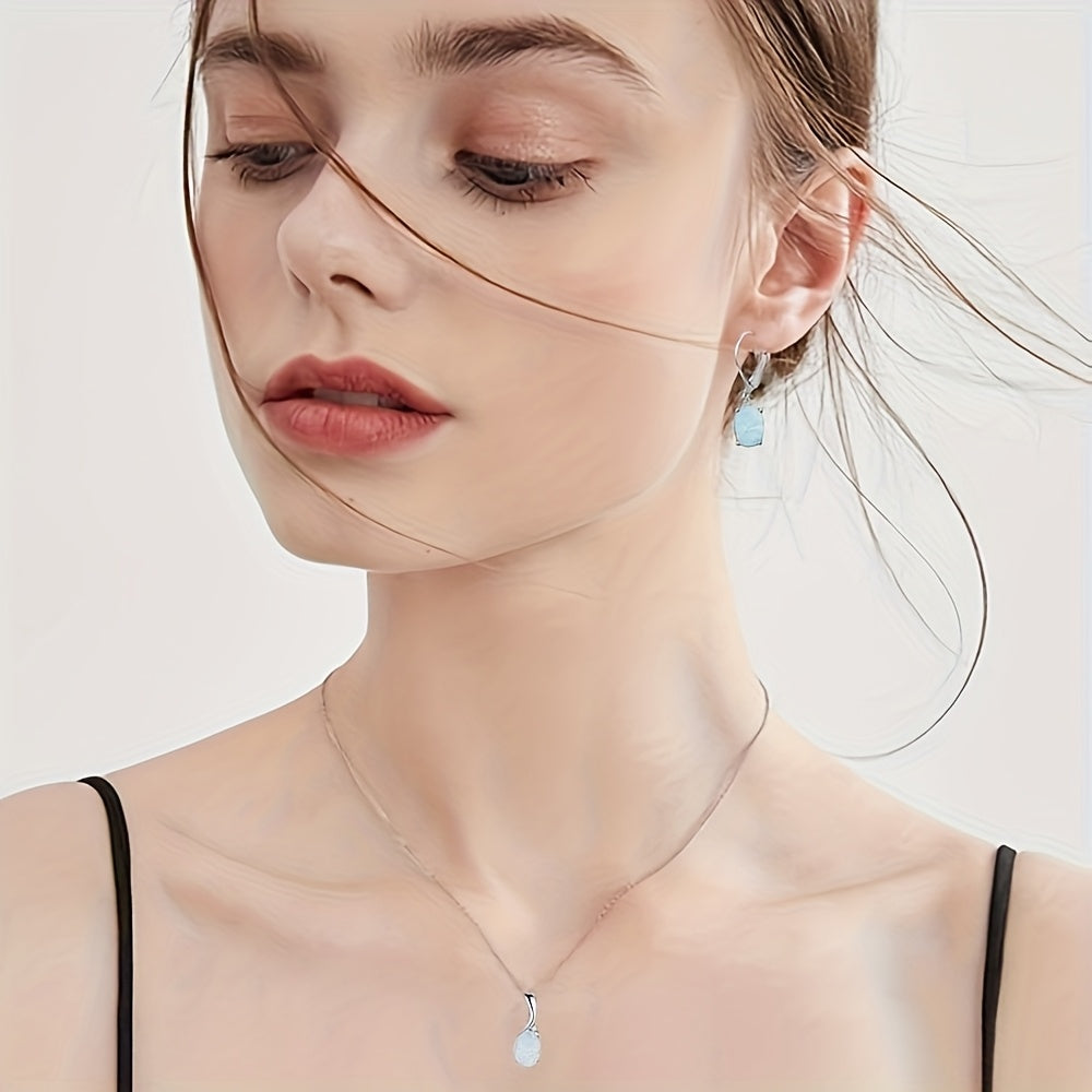 4pcs 925 Sterling Silver Water Drop Opal Jewelry Set for Women – Pendant Necklace, Earrings & Ring, Elegant Boho Party Jewelry Gift Set