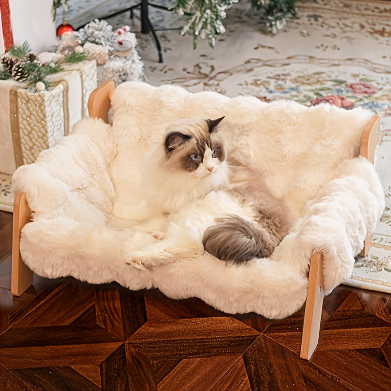 Elevated Pet Sofa Bed Solid Wood Dog Cat Lounge Chair with Bamboo Mat Modern Pet Furniture for Small Medium Dogs Cats Sturdy Stylish Gray White