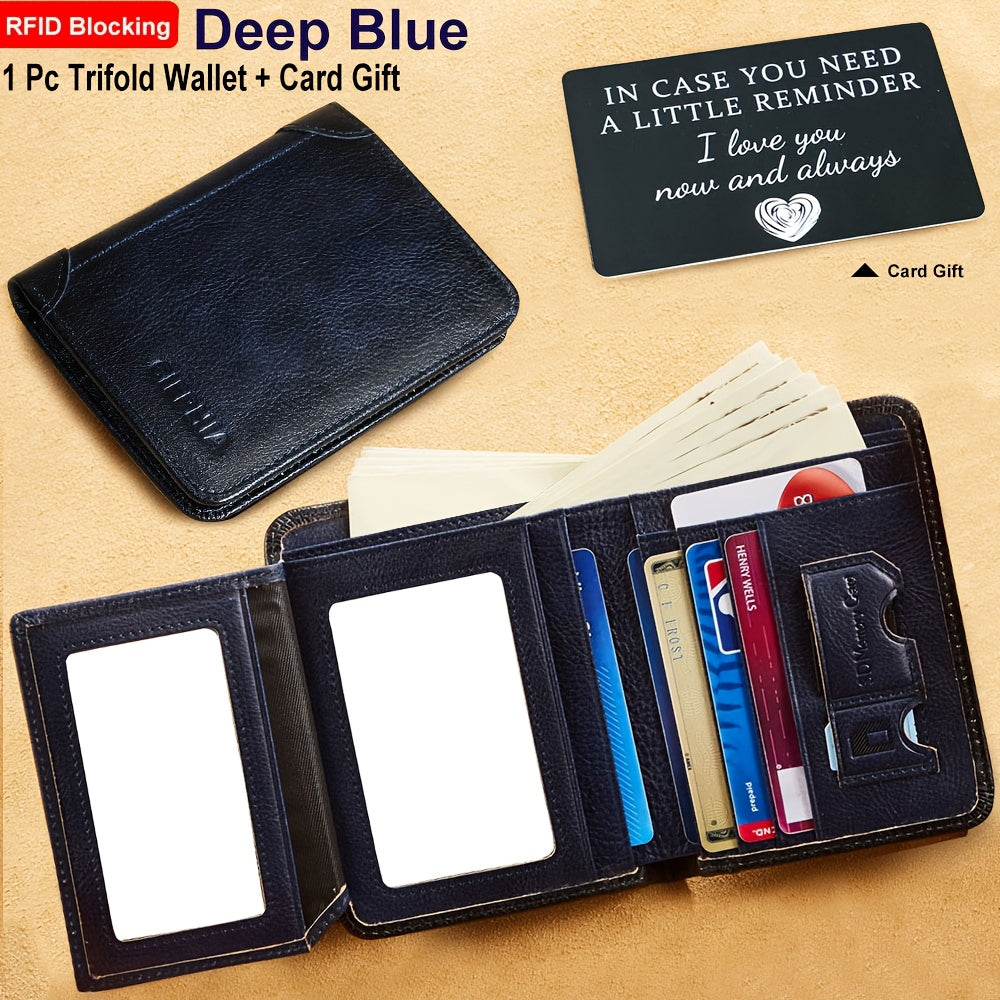 RFID Blocking Genuine Leather Wallet for Men Trifold Cowhide Vintage Credit Card Holder 2 ID Windows Money Clip Cash Slots Father's Day Gift for Dad Husband