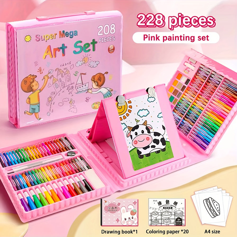 228 Pcs Kids Art Painting Set with Easel, Complete Beginner Drawing Kit for Children Ages 3-12, Includes Sketchbook, Coloring Book, Acrylic Markers, Watercolor Pens, Oil Pastels, Colored Pencils & Eraser