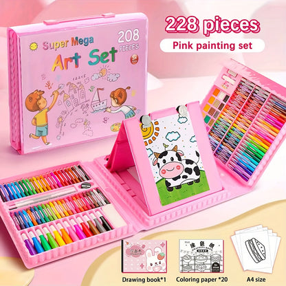 228 Pcs Kids Art Painting Set with Easel, Complete Beginner Drawing Kit for Children Ages 3-12, Includes Sketchbook, Coloring Book, Acrylic Markers, Watercolor Pens, Oil Pastels, Colored Pencils & Eraser