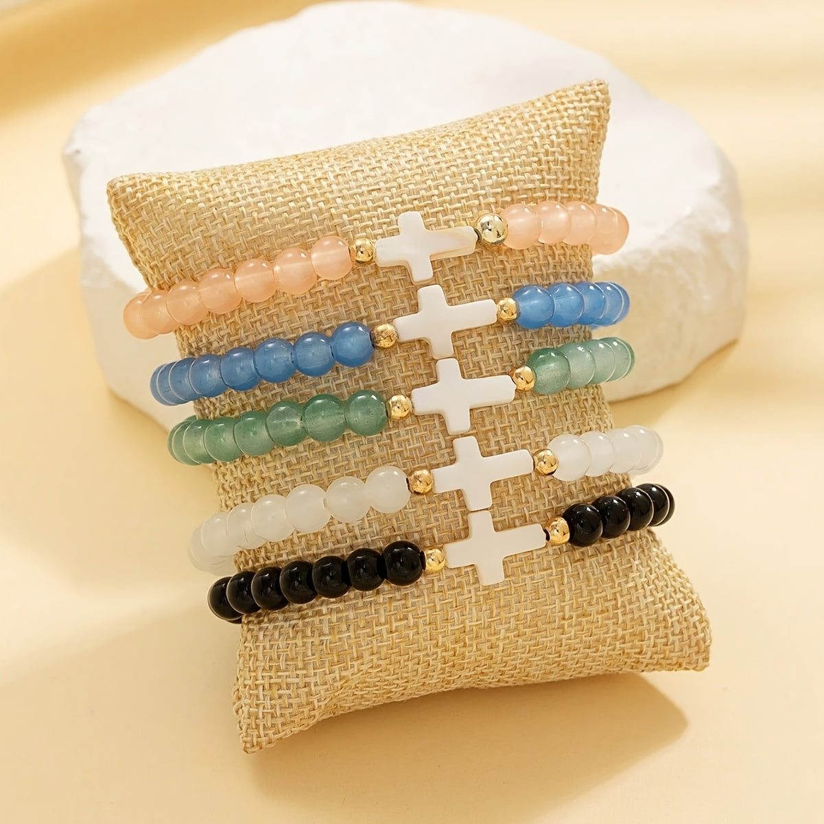 24pc Bohemian Cross Charm Bracelet Set – Colorful Elastic Stretch Bands with Resin & Glass Cross Charms, Bulk Pack for Daily Wear, Vacation, Parties & Holiday Gifting
