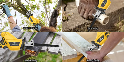 Cordless Reciprocating Saw with LED Light & Safety Lock | Electric Handsaw for Multi-Purpose Cutting, Replaceable Blades, Toolbox Included – 1 or 2 Battery Options, Yellow/Green/Red