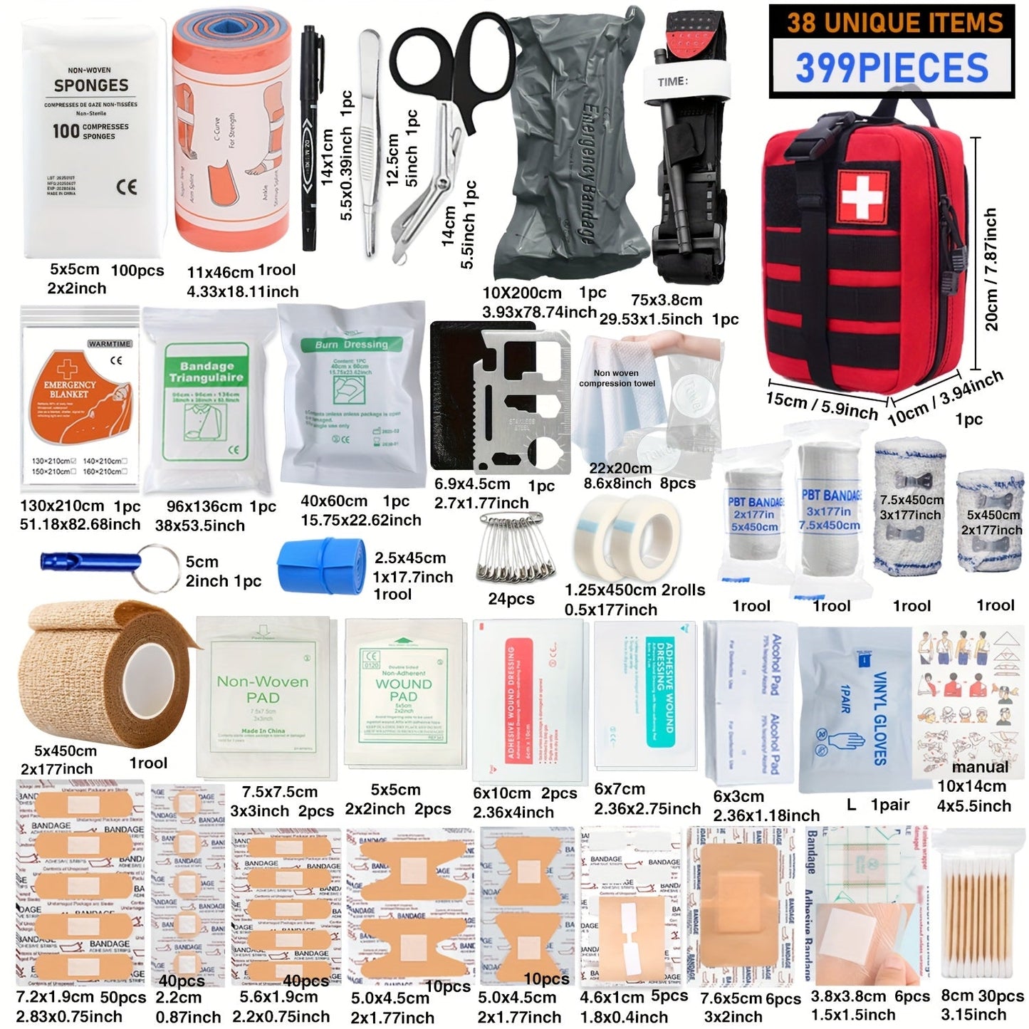 Professional First Aid Kit 399 Piece & 99 Piece Survival Gear Emergency Kit for Hiking Camping Hunting Car Travel – Includes Scissors Tweezers Splints – Gift for Men