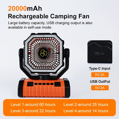 20000mAh Portable Camping Fan with LED Light – USB Rechargeable Outdoor Tent Fan for Hiking, Fishing & Camping – Durable Compact Design with Handle, Green & Orange