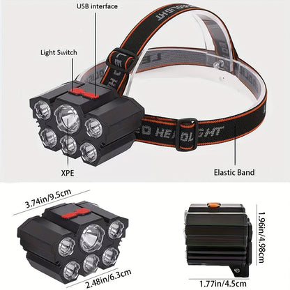 2-Pack 5-LED Headlamp USB Rechargeable IP65 Waterproof 4-Mode for Hiking Camping Hunting Fishing Running