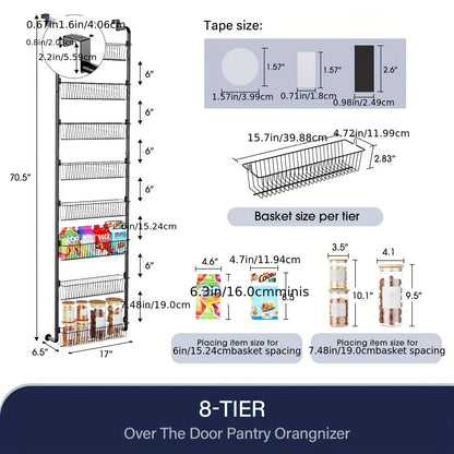 Over the Door Pantry Organizer 6 or 8 Shelf - Heavy-Duty Metal Hanging Storage Rack for Kitchen, Bathroom & Laundry Room, Space-Saving Spice & Food Organizer, Black or White