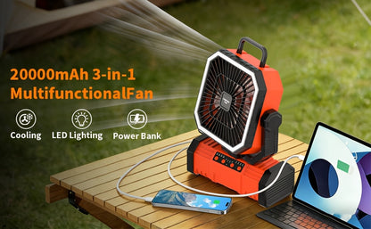 20000mAh Portable Camping Fan with Remote Control, LED Lights, 4 Speeds & 360° Rotation – Rechargeable Battery Operated Oscillating Tent Fan for Outdoor Camping, RV & Travel
