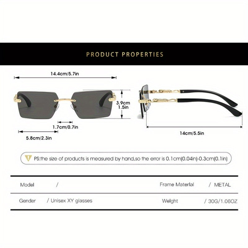 Unisex Rimless Leopard Sunglasses - UV400 Narrow Rectangular Frameless Shades in Black & Gold, Premium Fashion Eyewear for Men & Women, Includes Case & Cloth, Great for Parties Travel & Festivals