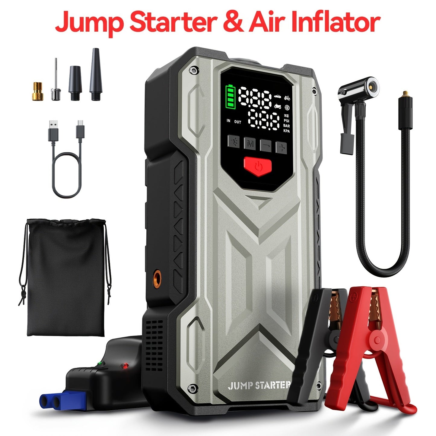 5000A Car Jump Starter with 150PSI Air Compressor – 12000mAh Portable Battery Booster Pack, Digital Tire Inflator, USB-C & USB-A, LED Emergency Light for 12V Gas & Diesel Engines