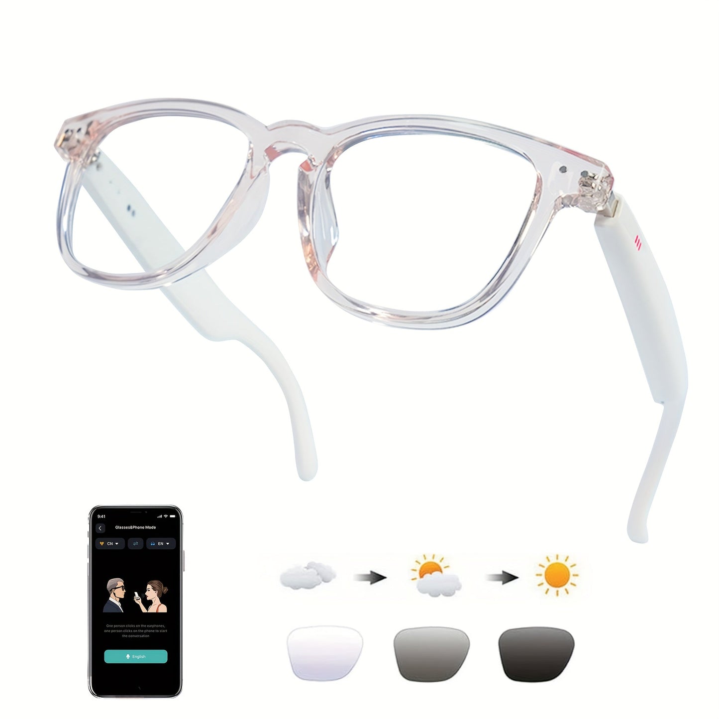 AI Smart Glasses Real-Time Translation 160+ Languages ChatGPT System Bluetooth 5.3 Built-in Mic Speaker – HD Voice Calls HiFi Music Smart Audio Glasses Unisex Men Women
