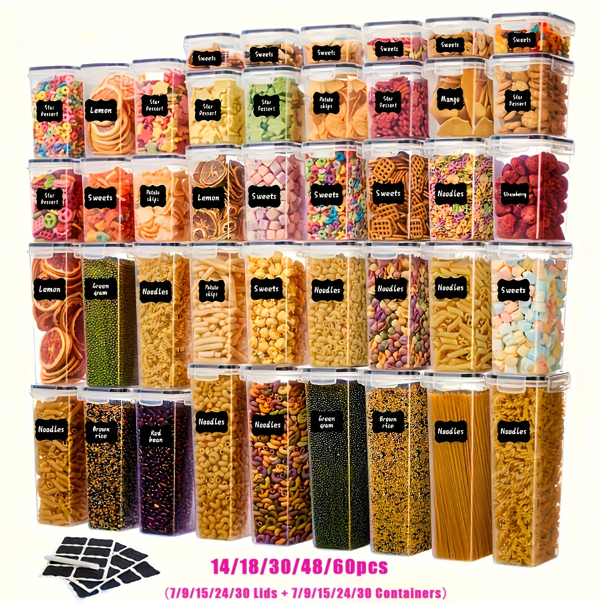 Airtight Food Storage Containers with Lids BPA Free – Flip-Top Locking Seal Plastic Pantry Organizer Jars for Rice, Cereal, Pasta, Flour & Sugar, Stackable, Sets of 6 to 84 Pieces