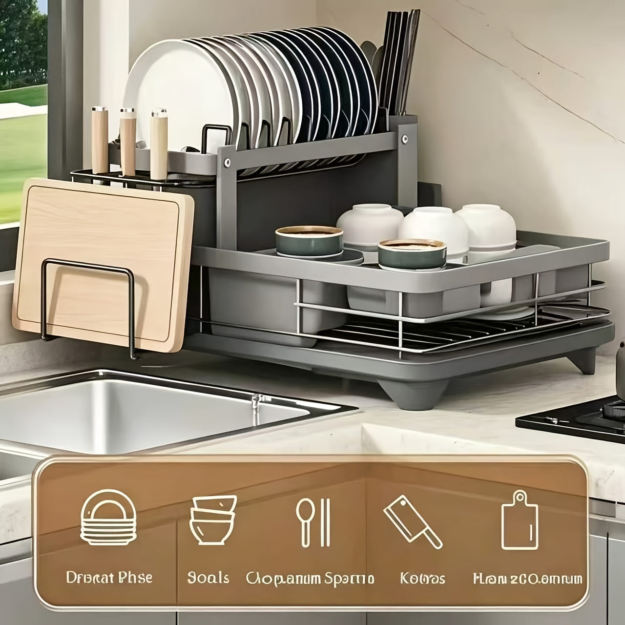 2-Tier Dish Drying Rack for Kitchen Counter with Drainboard Drain Mat Knife Fork Cup Holder Utensil Organizer Dish Drainer Kitchen Gadget Gift for Women Mother's Day