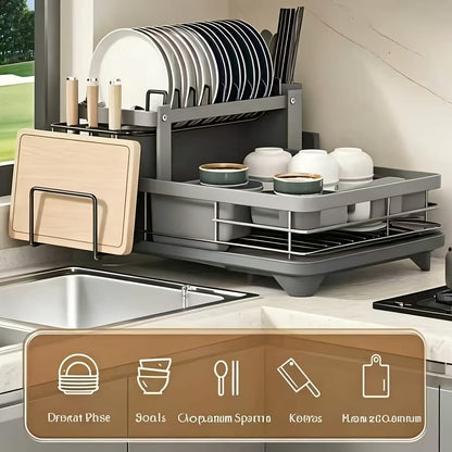 2-Tier Dish Drying Rack for Kitchen Counter with Drainboard Drain Mat Knife Fork Cup Holder Utensil Organizer Dish Drainer Kitchen Gadget Gift for Women Mother's Day