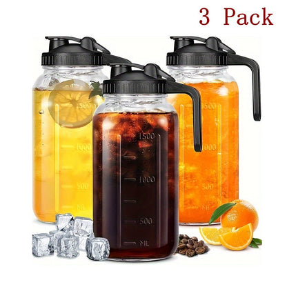 64oz Mason Jar with Handle & Lid – BPA-Free High Borosilicate Glass Beverage Carafe, Leak-Proof, 2/3 Pack, for Sports Outdoor Juice Water Kombucha, Holiday Gift