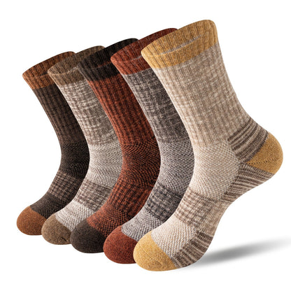 Merino Wool Hiking Socks 5 Pairs – Cushioned Compression Support, Sweat-Absorbing Breathable Thick Socks for Women & Men, Outdoor Hiking Trail Running Camping – Multicolor, Dark & Earth Tones, M & L