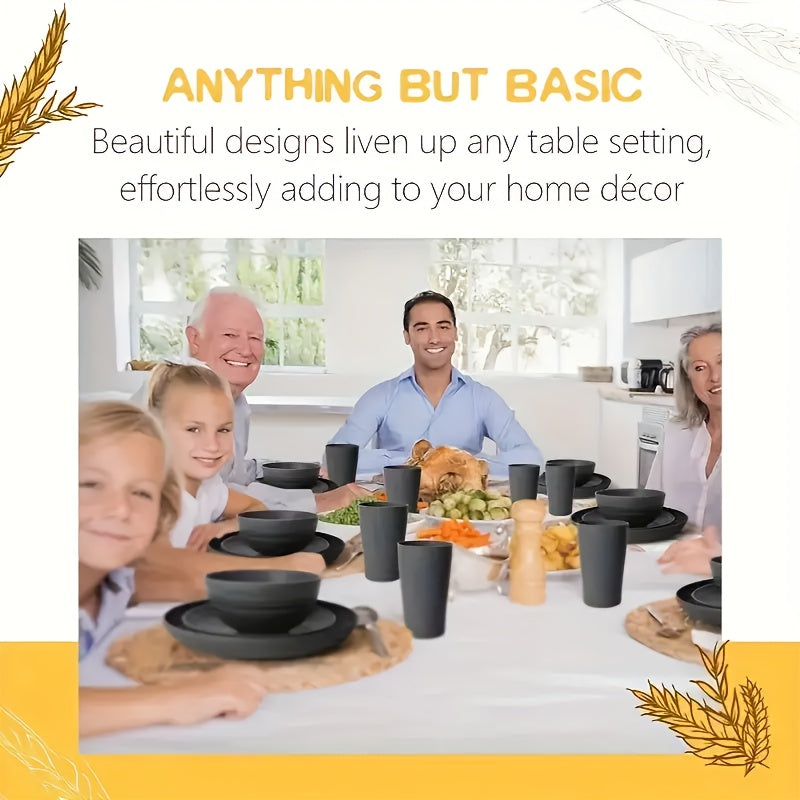 Black Wheat Straw Tableware Set – 16/32 Piece Unbreakable Eco-Friendly Plates Dessert Plates Bowls & Cups for 4-8 People, Outdoor Camping Party Wedding Halloween Kitchen Accessories