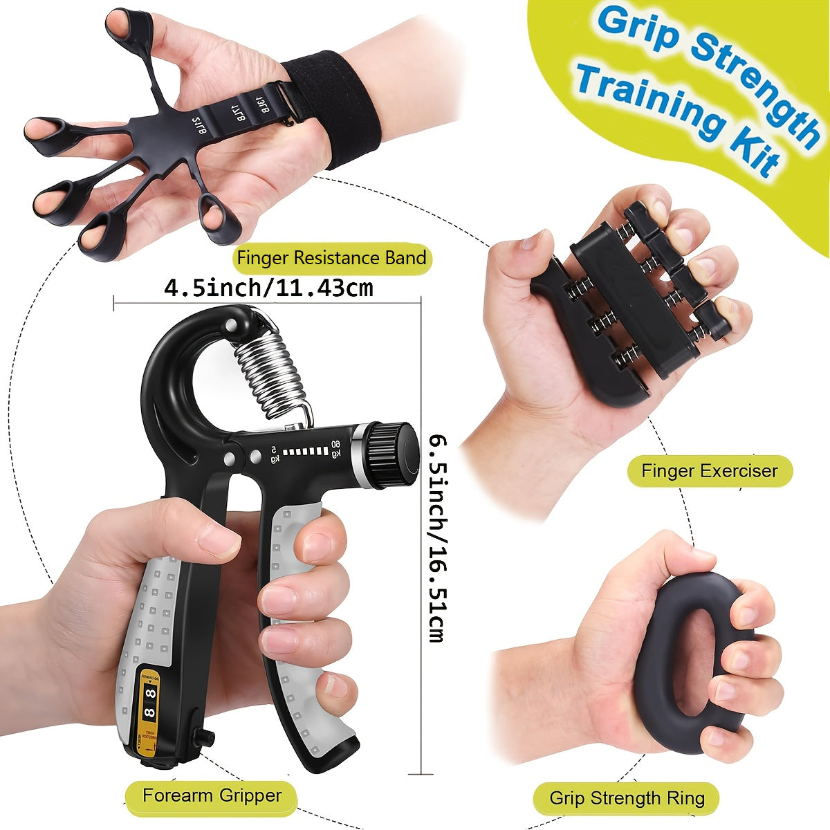 Grip Strength Training Set 4-Piece – Forearm Gripper, Finger Exerciser, Hand Strength Ring & Finger Stretcher with Wrist Strap for Men Women Athletes