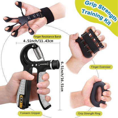 Grip Strength Training Set 4-Piece – Forearm Gripper, Finger Exerciser, Hand Strength Ring & Finger Stretcher with Wrist Strap for Men Women Athletes
