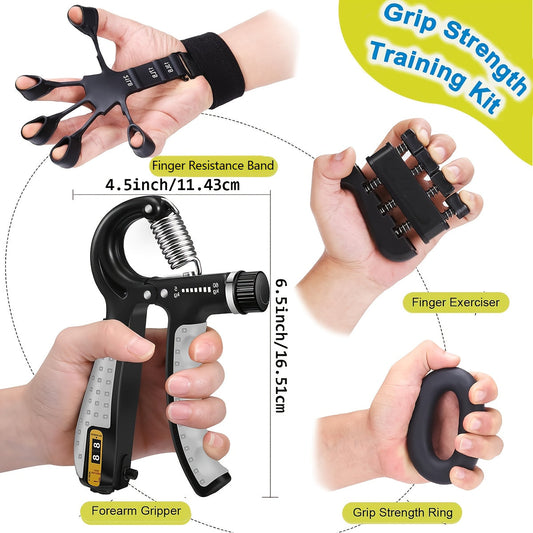 Grip Strength Training Set 4-Piece – Forearm Gripper, Finger Exerciser, Hand Strength Ring & Finger Stretcher with Wrist Strap for Men Women Athletes