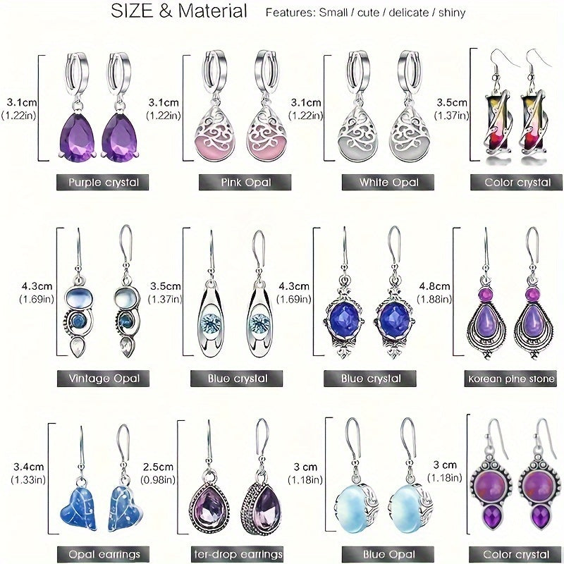 12 Pairs Boho Dangle Earrings Set for Women Colorful Moonstone Cat's Eye Water Drop Pendant Earrings Bohemian Elegant Jewelry Gift for Her