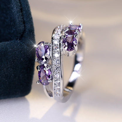 S925 Sterling Silver Purple Cubic Zirconia Ring – Elegant Sparkling Bridal Wedding Ring for Women, Shiny Lavender CZ Charm Ring, Perfect Anniversary Gift in Sizes 6-10, Lightweight 2.95g