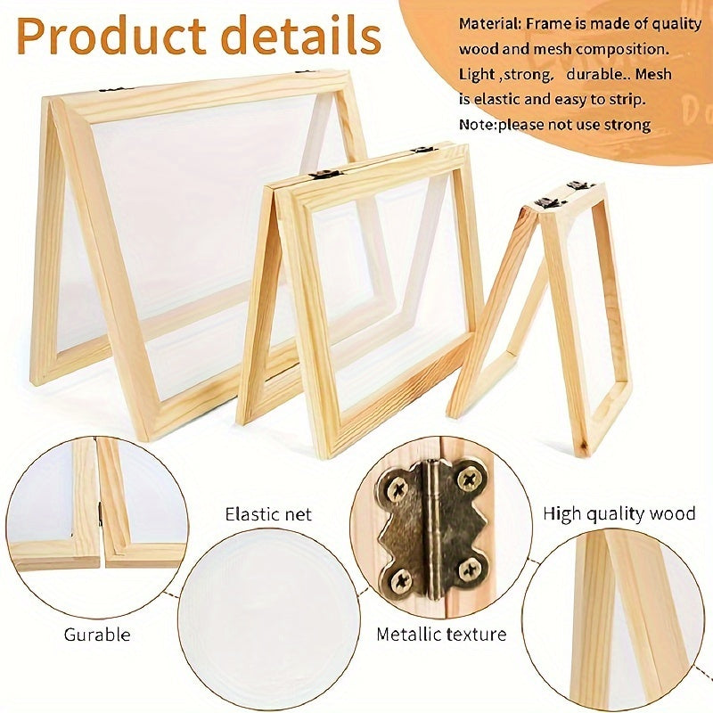 Wooden Papermaking Kit – 3-Piece DIY Handmade Paper Craft Frame Mold Set with Elastic Net & Metallic Hinges, 3 Sizes Included, Perfect for Cards, Journals, Gift Tags & Stationery | Velora