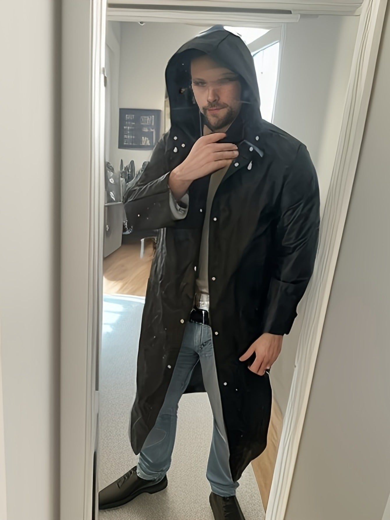 Hooded Raincoat for Men and Women Waterproof Adjustable Drawstring Full Length Loose Fit Rain Jacket for Cycling Hiking Fishing Outdoor Sports Minimalist Black Rain Coat Sizes L to XXXL