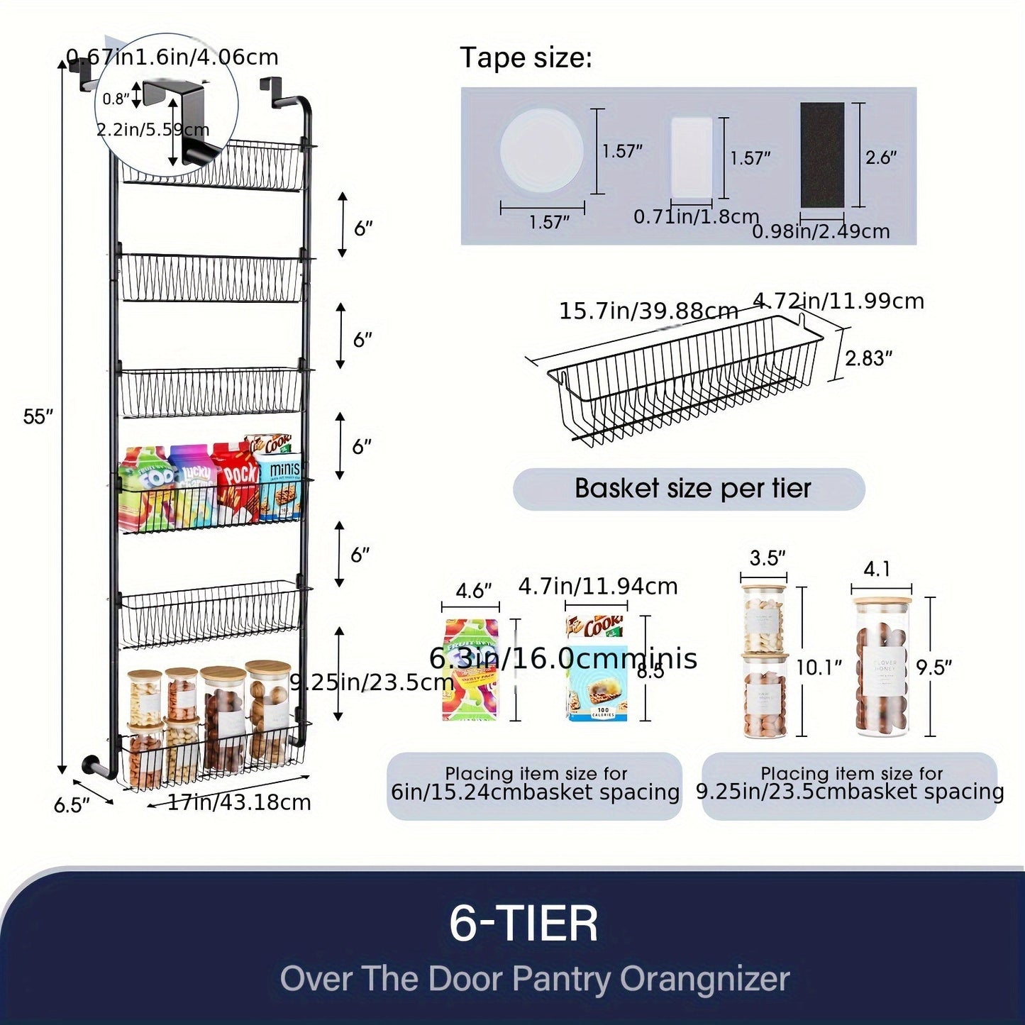 Over the Door Pantry Organizer 6 or 8 Shelf - Heavy-Duty Metal Hanging Storage Rack for Kitchen, Bathroom & Laundry Room, Space-Saving Spice & Food Organizer, Black or White
