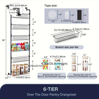 Over the Door Pantry Organizer 6 or 8 Shelf - Heavy-Duty Metal Hanging Storage Rack for Kitchen, Bathroom & Laundry Room, Space-Saving Spice & Food Organizer, Black or White
