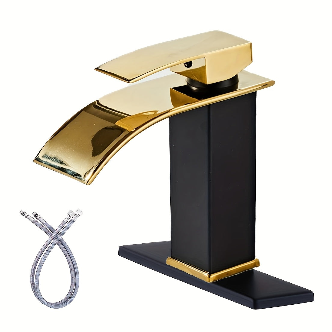 Waterfall Bathroom Sink Faucet Single Handle Hot & Cold - Universal 1 or 3 Hole Countertop Mount, RV Vanity Faucet with Water Supply Hose, Modern Design in Black, Black Gold & Silver