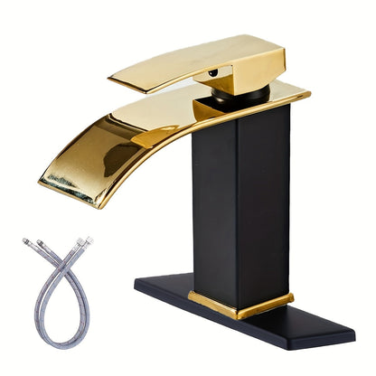 Waterfall Bathroom Sink Faucet Single Handle Hot & Cold - Universal 1 or 3 Hole Countertop Mount, RV Vanity Faucet with Water Supply Hose, Modern Design in Black, Black Gold & Silver