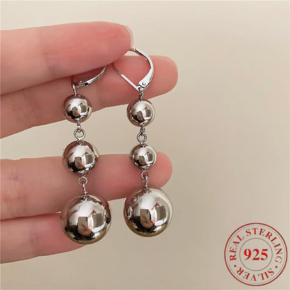 S925 Sterling Silver Triple Ball Drop Dangle Earrings for Women – Retro French Long Design, Elegant Vintage Style, Gold & Silver Tone