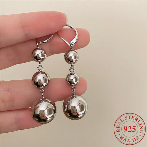 S925 Sterling Silver Triple Ball Drop Dangle Earrings for Women – Retro French Long Design, Elegant Vintage Style, Gold & Silver Tone