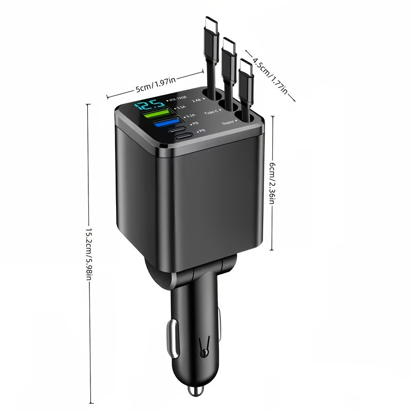 7-in-1 Car Fast Charger with 3 Retractable Cables LED Digital Display 180° Adjustable Universal Plug - Multi-Port Car Phone Charger for iPhone Android USB-C