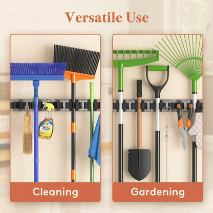 Wall-Mounted Mop and Broom Holder Organizer 5 Slots 6 Hooks Heavy-Duty Non-Slip Cleaning Tool Rack for Home Garage Kitchen Laundry Room Boat – Easy Install on Any Surface